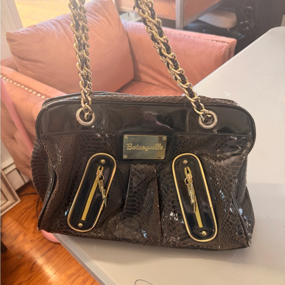 Betsey Johnson Black Patent Snake-Embossed Chain Shoulder Bag with Gold Hardware